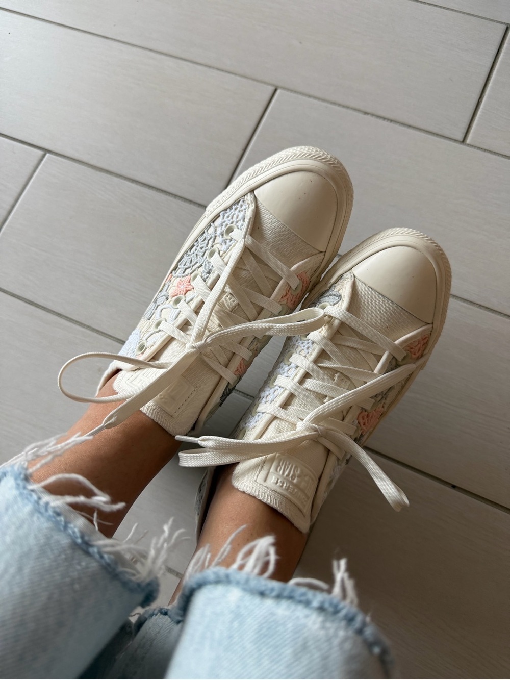Cream Lace-Up Sneakers with Floral Trim